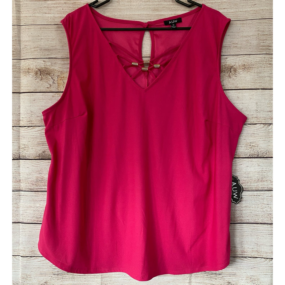 AUW Pink Sleeveless Criss-Cross Strappy V-neck Tank Top Shirt 2X Plus NWT
